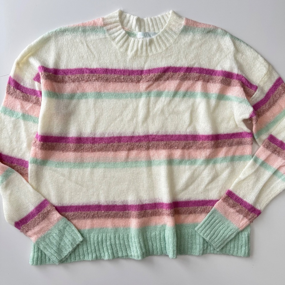 Abound Striped Sweater XXS Cream Pink Green Fuzzy Knit‎ Pullover
